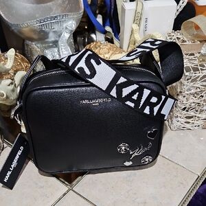 NWT! Karl Lagerfeld Black Messenger Bag with White Accents